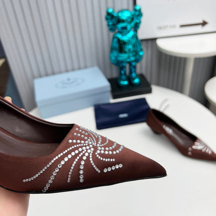 PRADA 26S POINTED TOE PUMPS 40MM IN DARK BROWN SATIN CRYSTAL EMBELLISHED