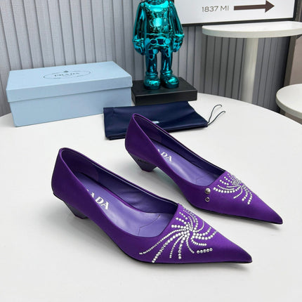 PRADA 26S POINTED TOE PUMPS 40MM IN PURPLE SATIN CRYSTAL EMBELLISHED