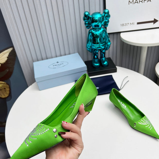 PRADA 26S POINTED TOE PUMPS 40MM IN APPLE GREEN SATIN CRYSTAL EMBELLISHED