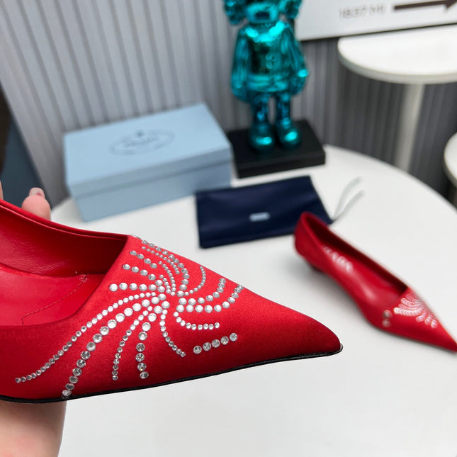 PRADA 26S POINTED TOE PUMPS 40MM IN RED SATIN CRYSTAL EMBELLISHED