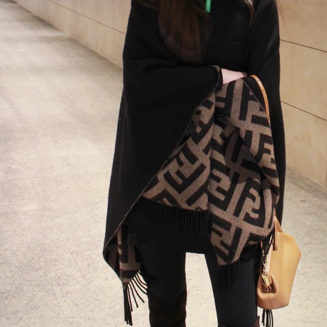 FF 170 CM SCARF IN CAMEL BROWN MIX BLACK CASHMERE AND WOOL