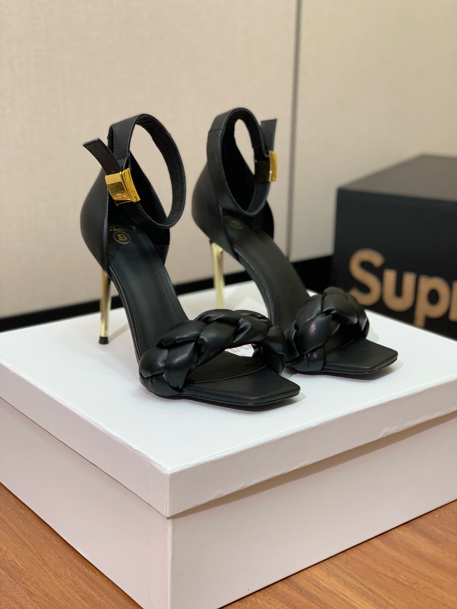 BALMAIN 26S BRAIDED-STRAP HIGH-HEEL SANDALS 95 MM IN BLACK CALFSKIN