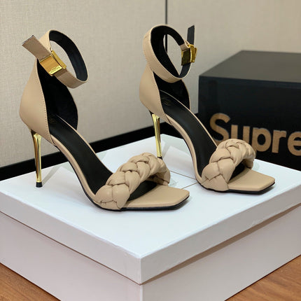 BALMAIN 26S BRAIDED-STRAP HIGH-HEEL SANDALS 95 MM IN BEIGE CALFSKIN