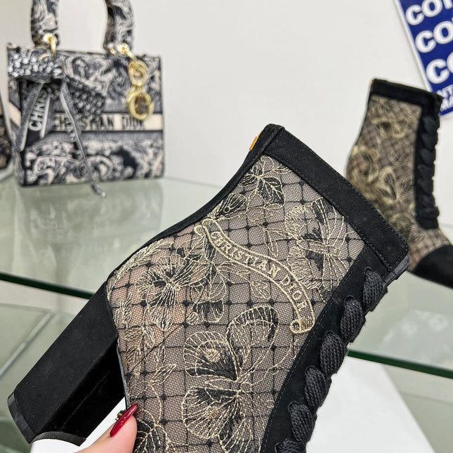 DIOR 25S NAUGHTILY-D ANKLE BOOTS 80 MM IN BLACK MESH TULLE AND SUEDE