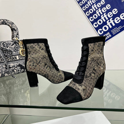 DIOR 25S NAUGHTILY-D ANKLE BOOTS 80 MM IN BLACK MESH TULLE AND SUEDE