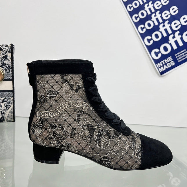 DIOR 25S NAUGHTILY-D ANKLE BOOTS 35 MM IN BLACK MESH TULLE AND SUEDE