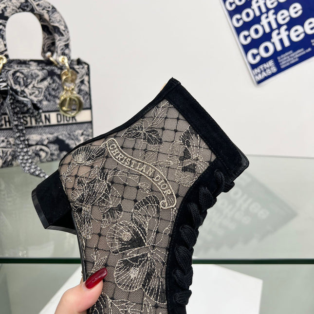 DIOR 25S NAUGHTILY-D ANKLE BOOTS 35 MM IN BLACK MESH TULLE AND SUEDE