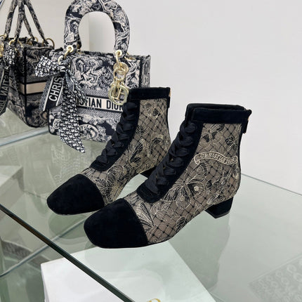 DIOR 25S NAUGHTILY-D ANKLE BOOTS 35 MM IN BLACK MESH TULLE AND SUEDE