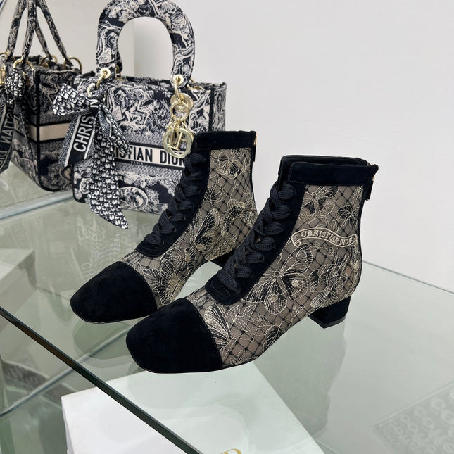 DIOR 25S NAUGHTILY-D ANKLE BOOTS 35 MM IN BLACK MESH TULLE AND SUEDE