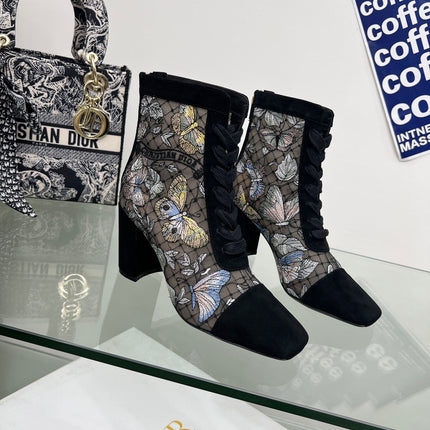DIOR 25S NAUGHTILY-D ANKLE BOOTS 80 MM IN BLACK MESH TULLE AND SUEDE STYLE 2