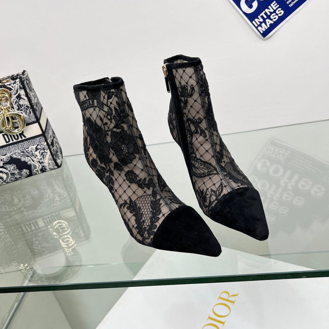 DIOR 25S POINTED-TOE ANKLE BOOTS 95 MM IN BLACK MESH TULLE AND SUEDE