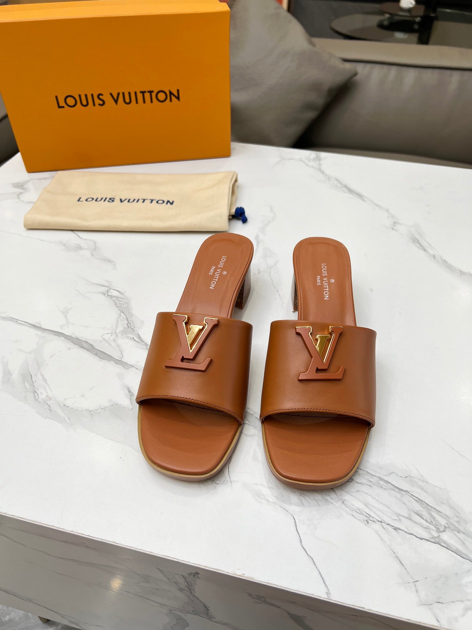 LV 26S CAPRI HIGH-HEELED MULES IN BROWN CALFSKIN