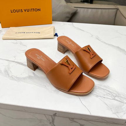 LV 26S CAPRI HIGH-HEELED MULES IN BROWN CALFSKIN