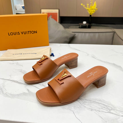LV 26S CAPRI HIGH-HEELED MULES IN BROWN CALFSKIN