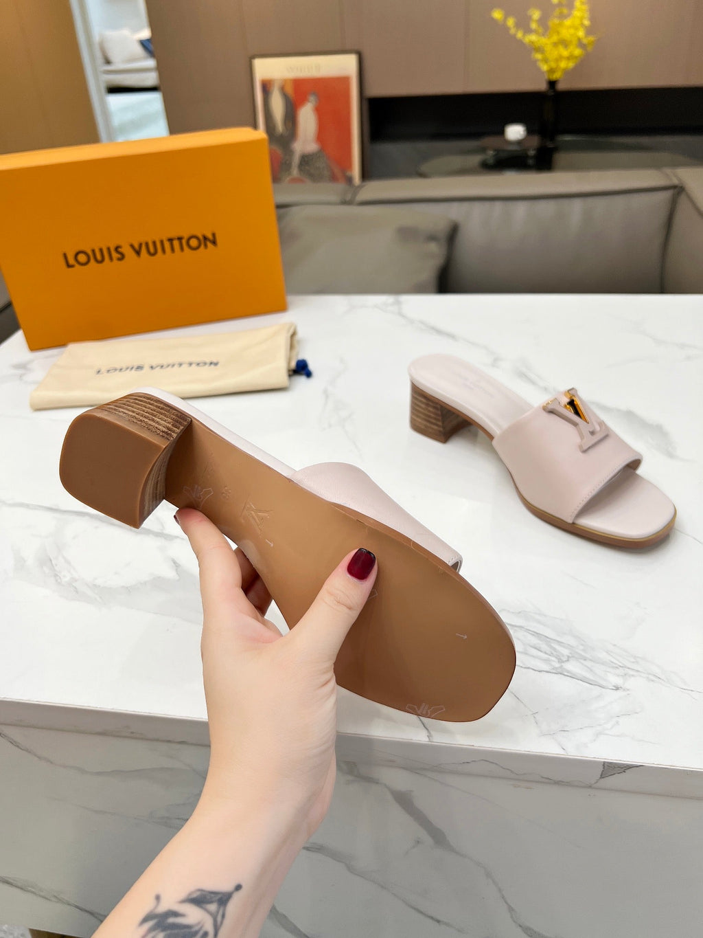 LV 26S CAPRI HIGH-HEELED MULES IN DARK BEIGE CALFSKIN