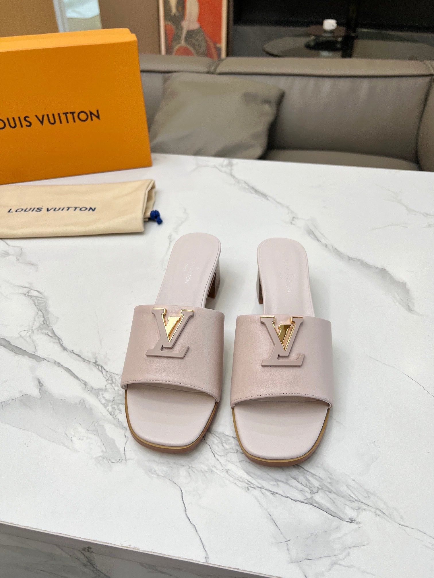 LV 26S CAPRI HIGH-HEELED MULES IN DARK BEIGE CALFSKIN