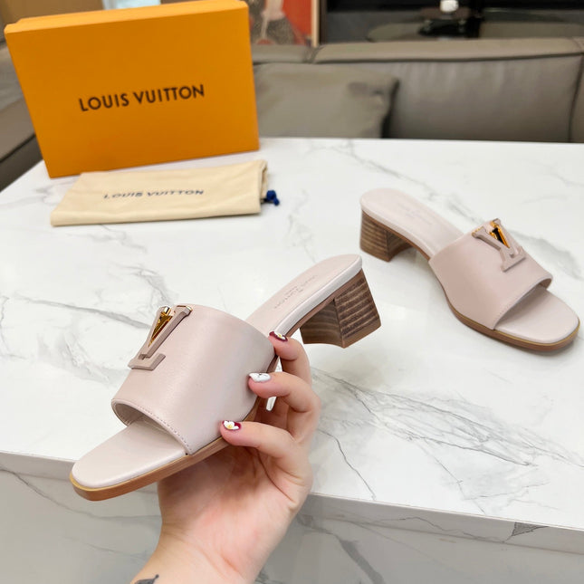 LV 26S CAPRI HIGH-HEELED MULES IN DARK BEIGE CALFSKIN