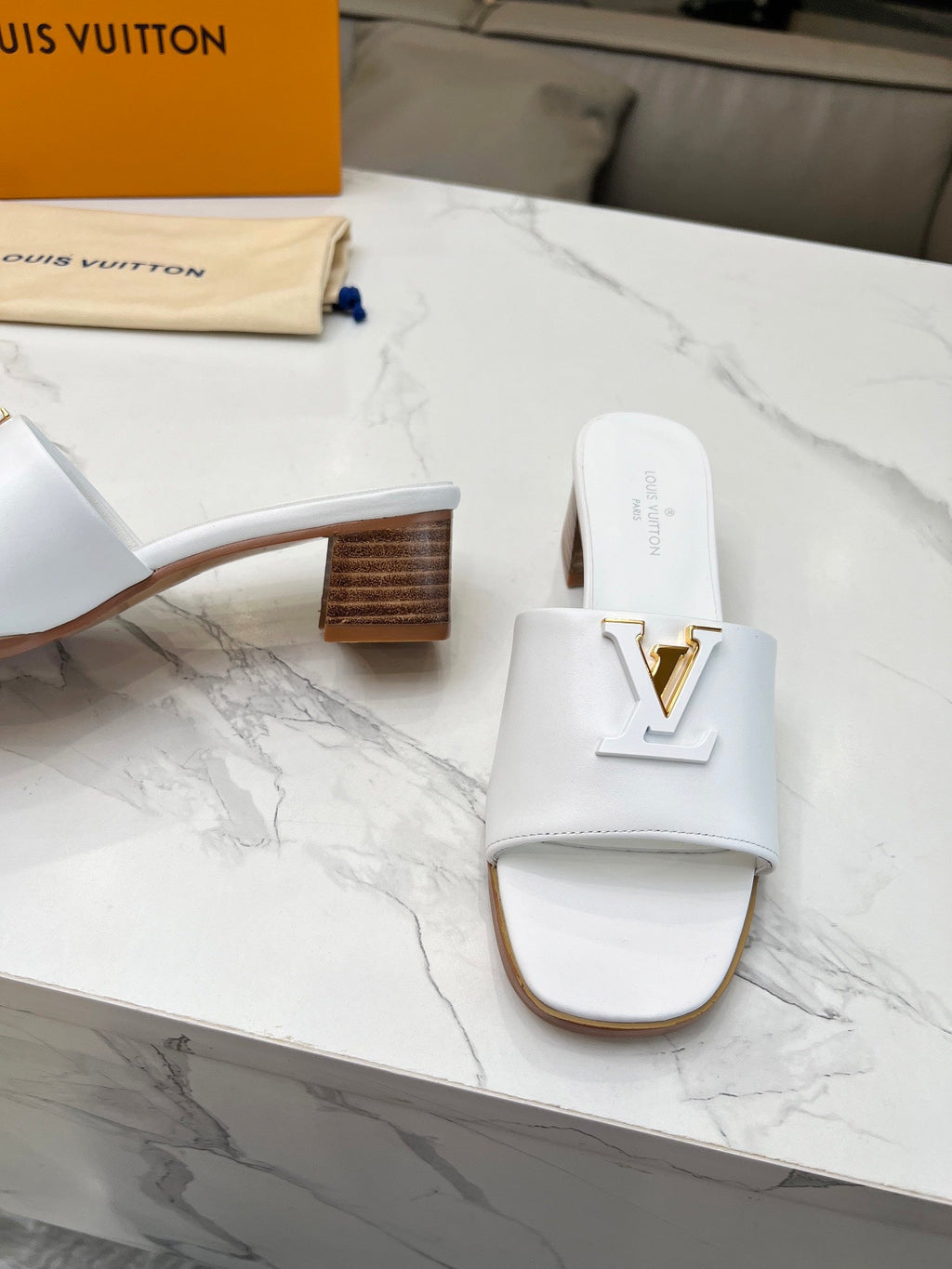 LV 26S CAPRI HIGH-HEELED MULES IN WHITE CALFSKIN