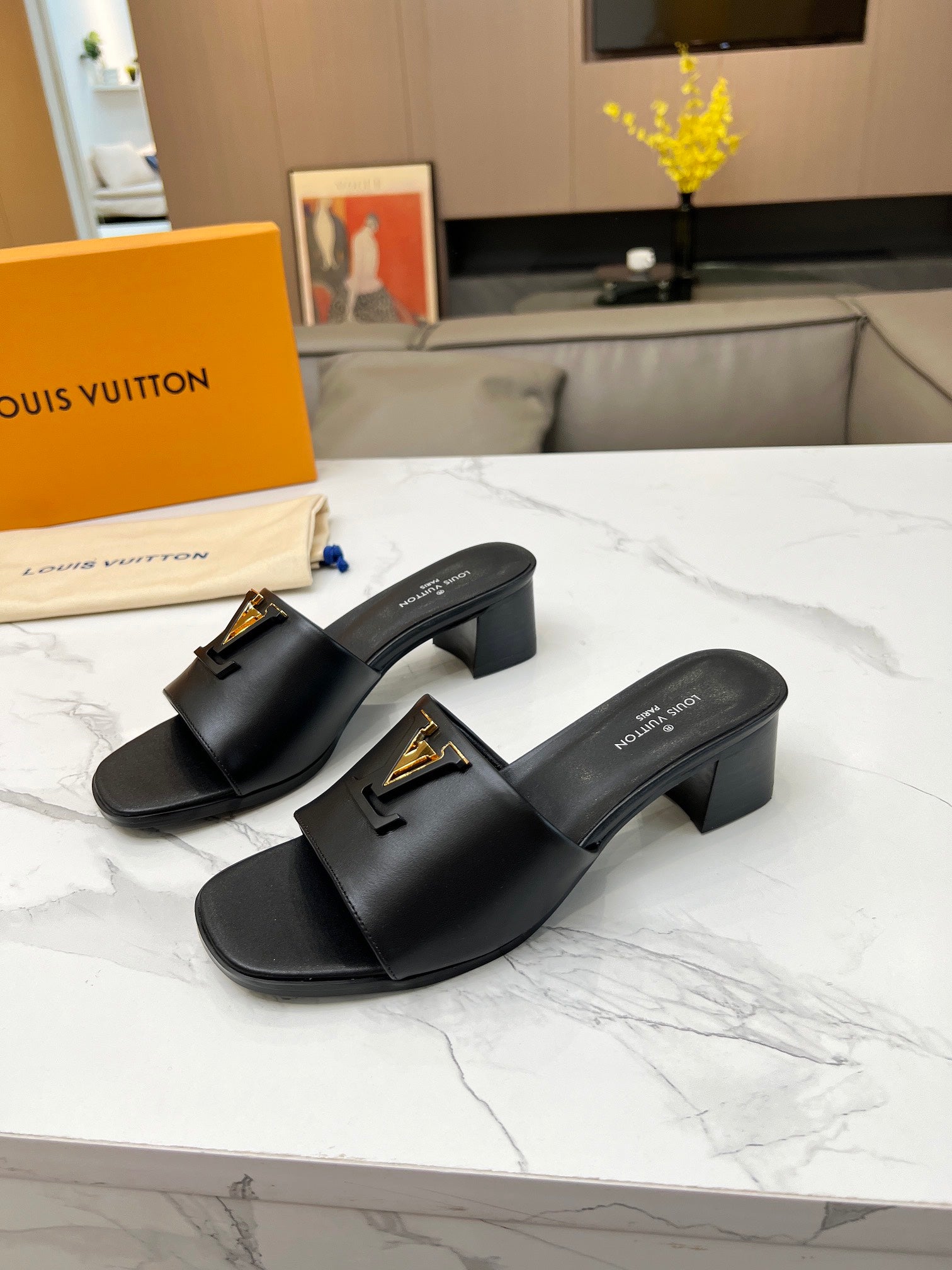 LV 26S CAPRI HIGH-HEELED MULES IN BLACK CALFSKIN