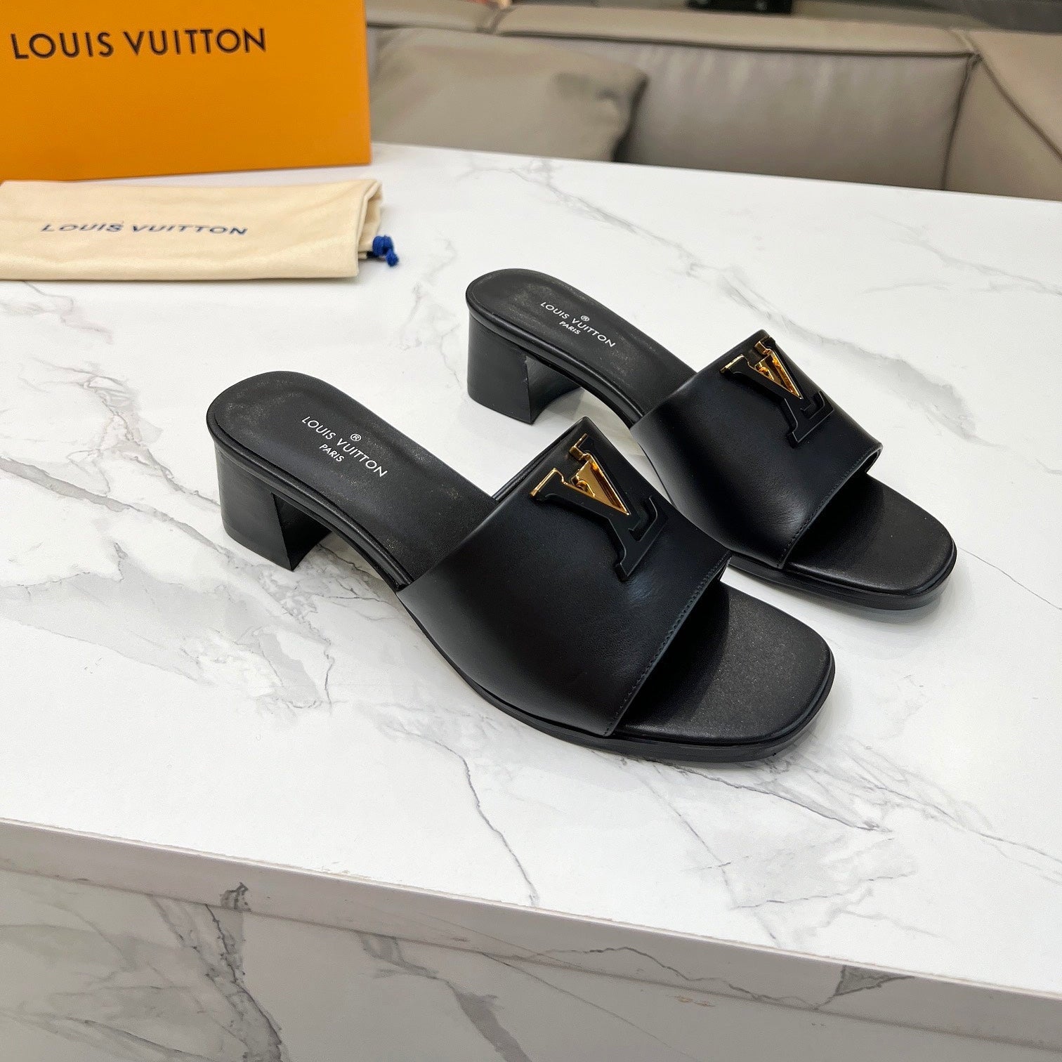 LV 26S CAPRI HIGH-HEELED MULES IN BLACK CALFSKIN