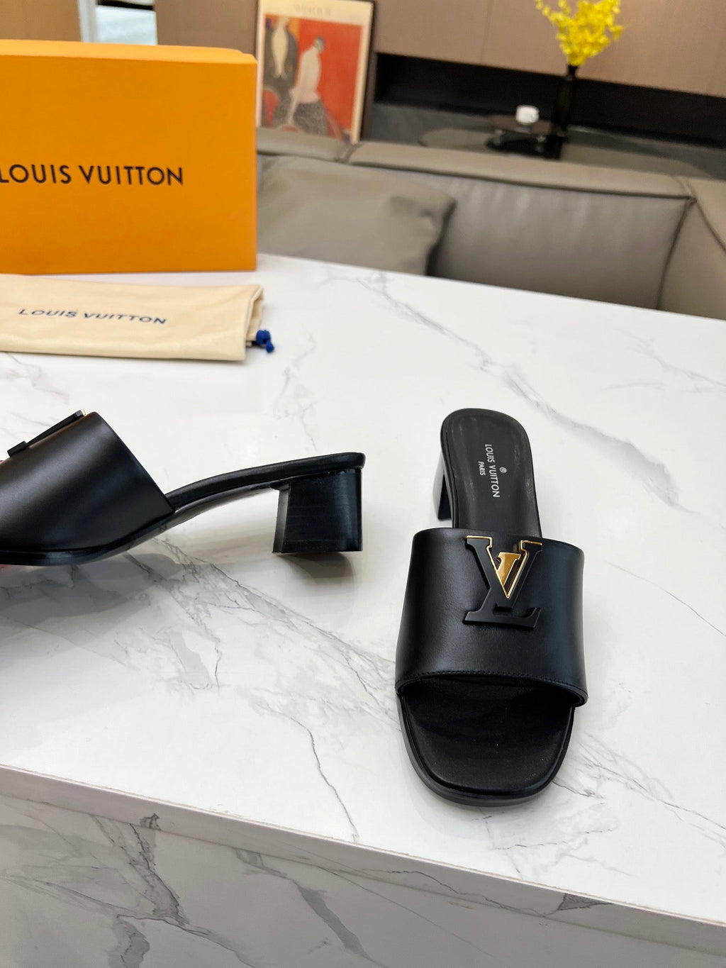 LV 26S CAPRI HIGH-HEELED MULES IN BLACK CALFSKIN