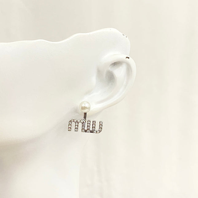 MIUMIU 26S PEARL LOGO DROP EARRINGS WITH CRYSTALS IN SILVER TONE METAL 625655