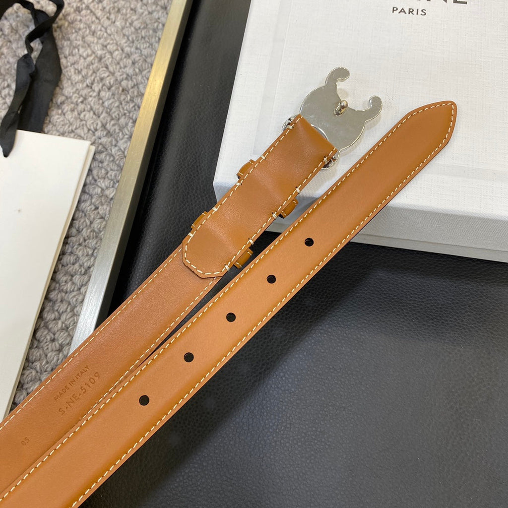 TRIOMPHE BELT 25MM IN BROWN CALFSKIN SILVER BUCKLE GOLD LOGO