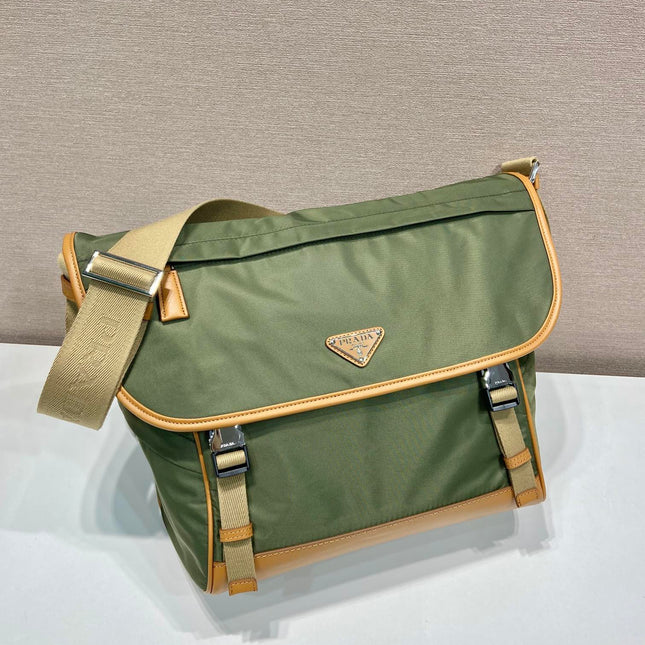 LARGE FLAP BAG 30 IN SEAWEED GREEN RE-NYLON AND BROWN CALFSKIN TRIM