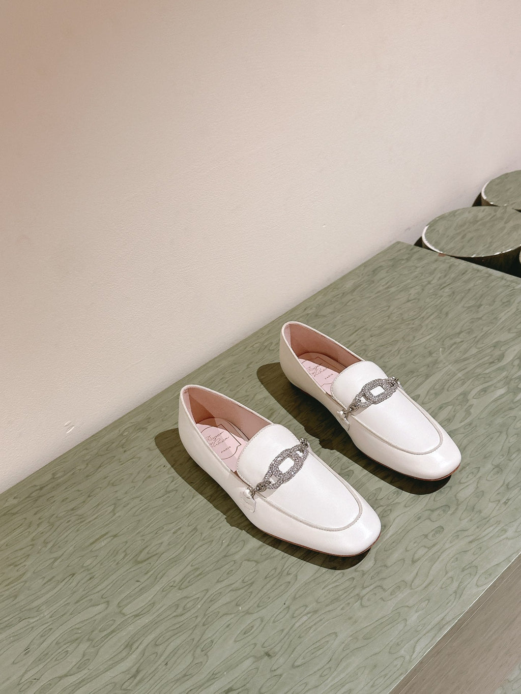 STRASS CHAIN LOAFERS IN WHITE CALFSKIN WITH CRYSTAL CHAIN DETAIL