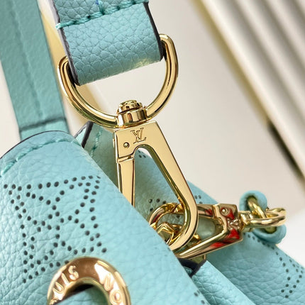 BELLA TOTE 32 IN SKY BLUE MONOGRAM PERFORATED CALFSKIN GOLD HARDWARE