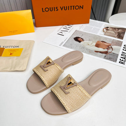 LV 26S FLAT SLIDES IN DARK BEIGE CALFSKIN AND RAFFIA