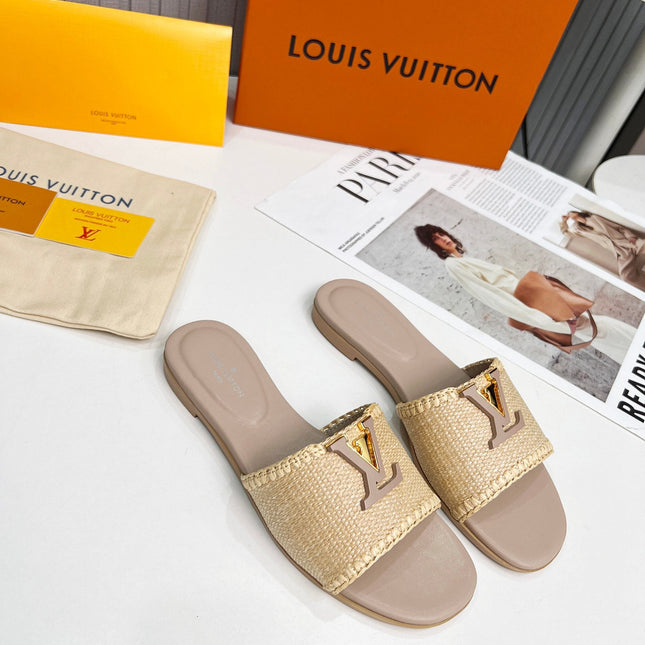 LV 26S FLAT SLIDES IN DARK BEIGE CALFSKIN AND RAFFIA