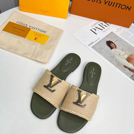 LV 26S FLAT SLIDES IN MOSS GREEN CALFSKIN AND BEIGE RAFFIA
