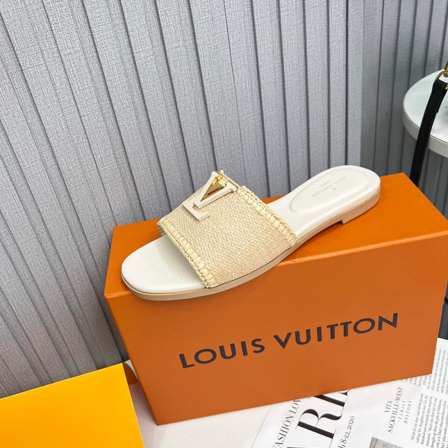 LV 26S FLAT SLIDES IN IVORY BEIGE CALFSKIN AND RAFFIA