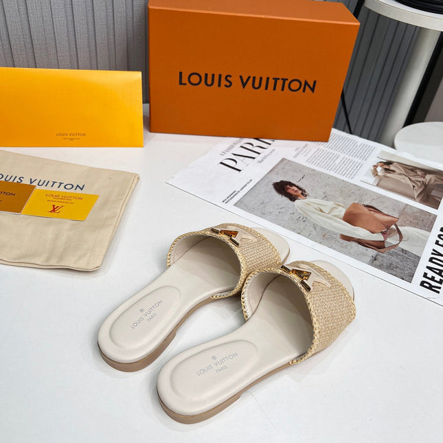 LV 26S FLAT SLIDES IN IVORY BEIGE CALFSKIN AND RAFFIA