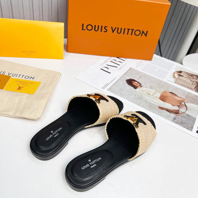 LV 26S FLAT SLIDES IN BLACK CALFSKIN AND BEIGE RAFFIA