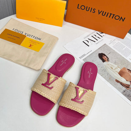 LV 26S FLAT SLIDES IN PINK CALFSKIN AND BEIGE RAFFIA