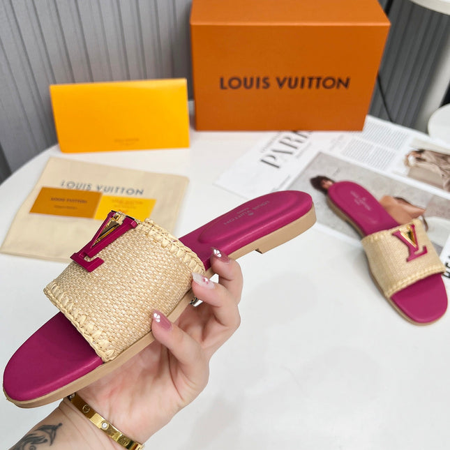 LV 26S FLAT SLIDES IN PINK CALFSKIN AND BEIGE RAFFIA