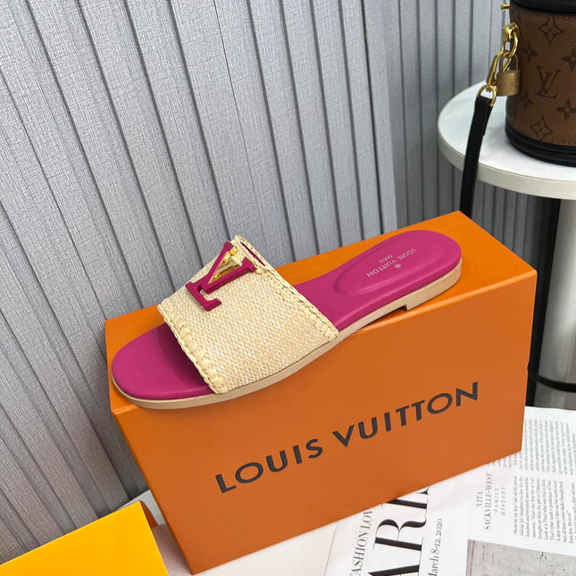 LV 26S FLAT SLIDES IN PINK CALFSKIN AND BEIGE RAFFIA