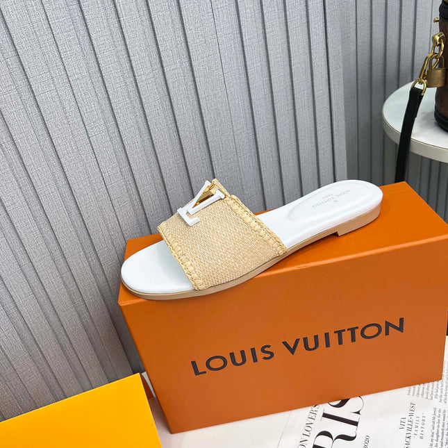 LV 26S FLAT SLIDES IN WHITE CALFSKIN AND BEIGE RAFFIA