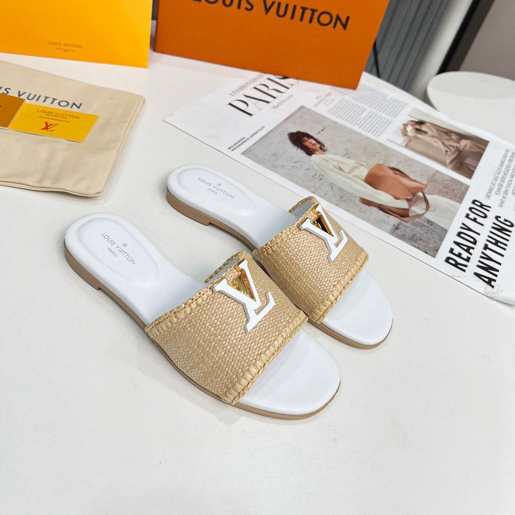 LV 26S FLAT SLIDES IN WHITE CALFSKIN AND BEIGE RAFFIA