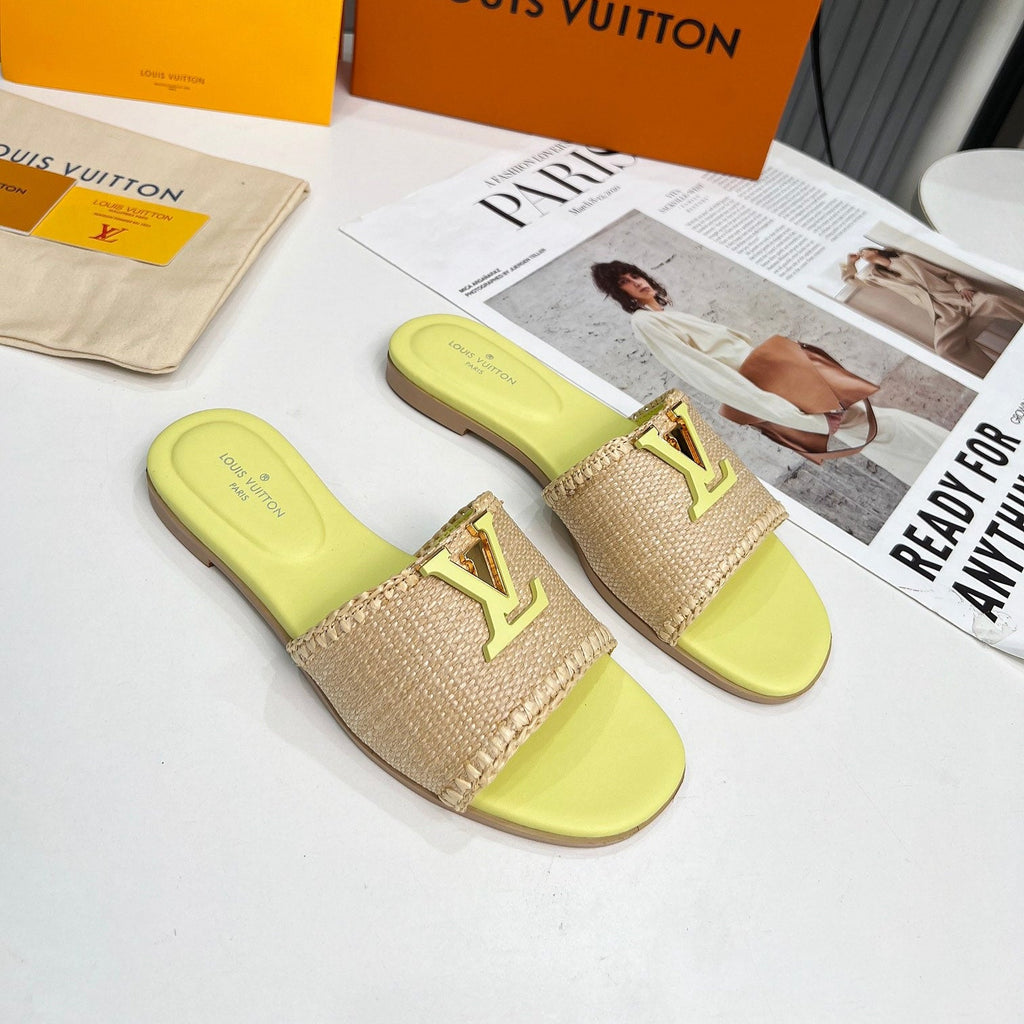 LV 26S FLAT SLIDES IN LIGHT YELLOW CALFSKIN AND BEIGE RAFFIA