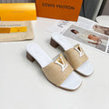 LV 26S CAPRI HIGH-HEELED MULES IN WHITE CALFSKIN AND BEIGE RAFFIA