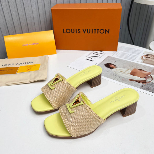 LV 26S CAPRI HIGH-HEELED MULES IN LIGHT YELLOW CALFSKIN AND BEIGE RAFFIA