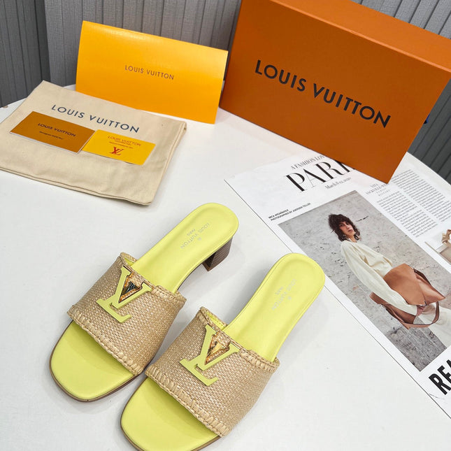 LV 26S CAPRI HIGH-HEELED MULES IN LIGHT YELLOW CALFSKIN AND BEIGE RAFFIA