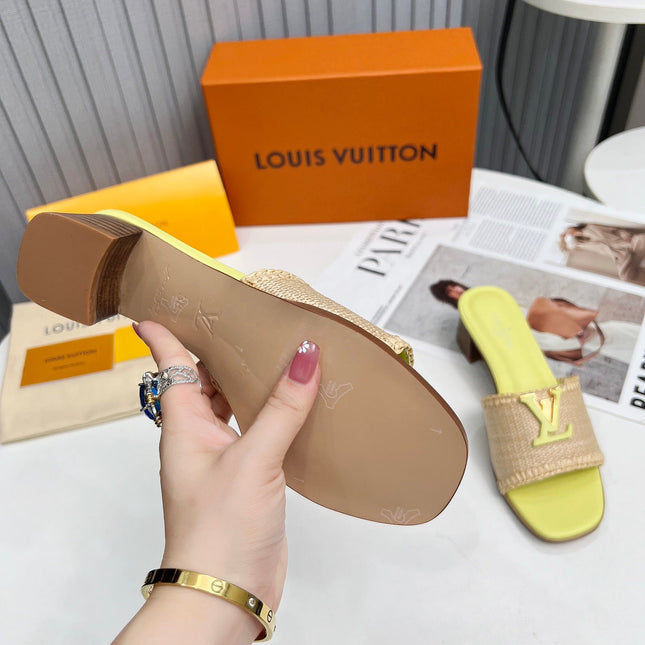 LV 26S CAPRI HIGH-HEELED MULES IN LIGHT YELLOW CALFSKIN AND BEIGE RAFFIA