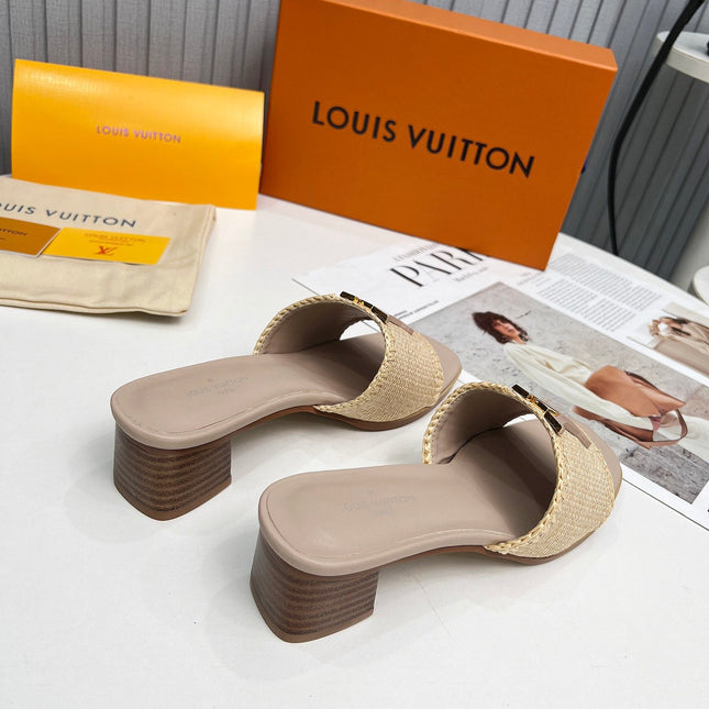 LV 26S CAPRI HIGH-HEELED MULES IN DARK BEIGE CALFSKIN AND RAFFIA