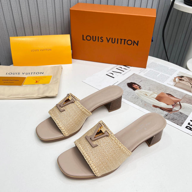 LV 26S CAPRI HIGH-HEELED MULES IN DARK BEIGE CALFSKIN AND RAFFIA