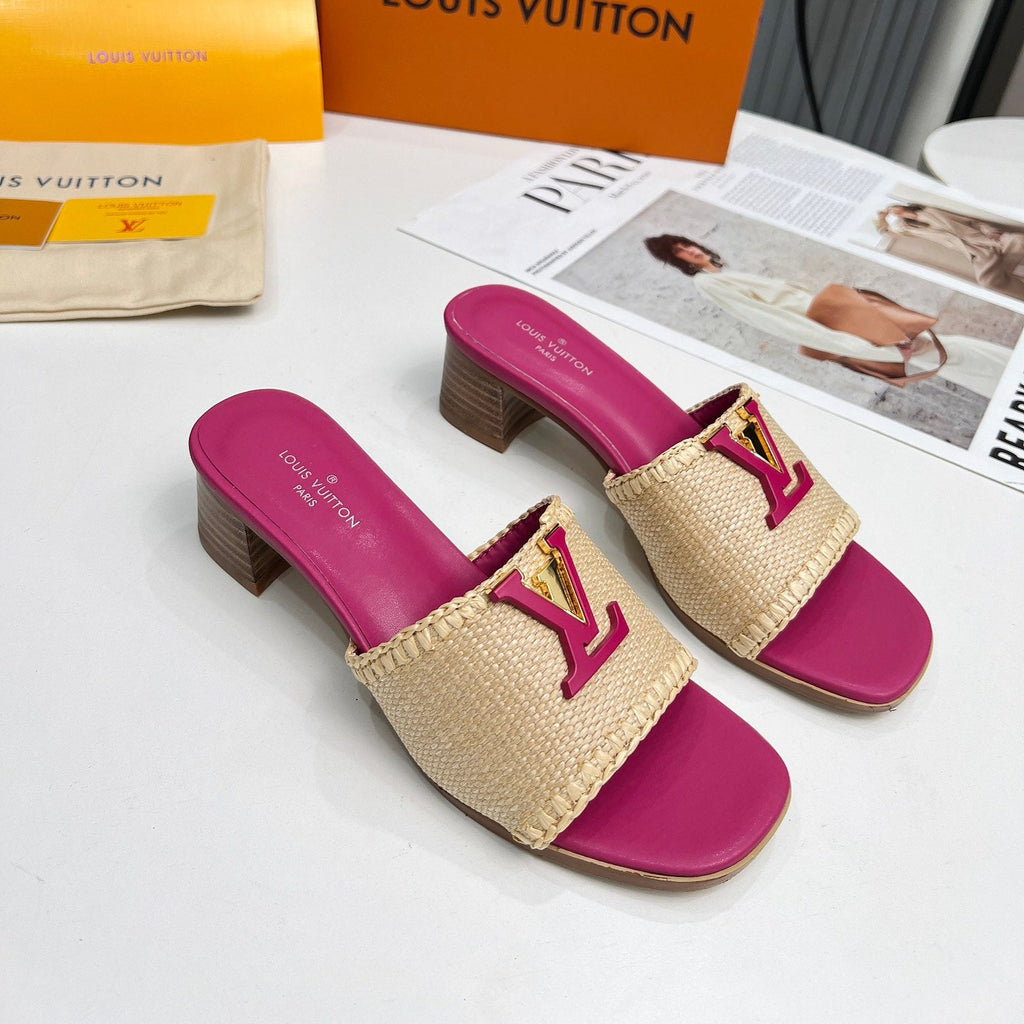 LV 26S CAPRI HIGH-HEELED MULES IN PINK CALFSKIN AND BEIGE RAFFIA