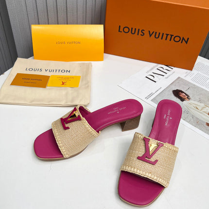 LV 26S CAPRI HIGH-HEELED MULES IN PINK CALFSKIN AND BEIGE RAFFIA